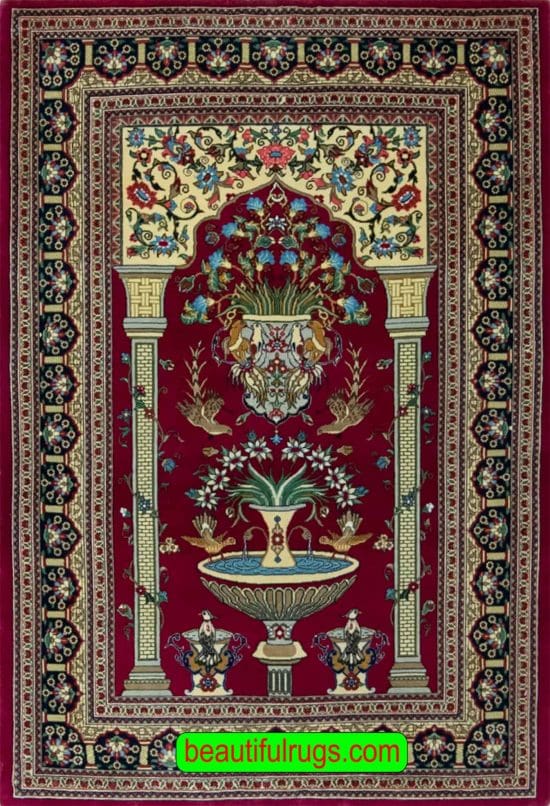 Persian Qum prayer rug in red color. Size 3.5x5