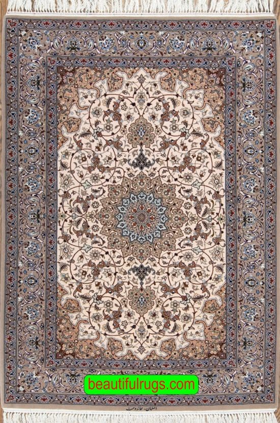 Small area rug, Beige color Persian Isfahan wool and silk rug. Size 3.9x5.8