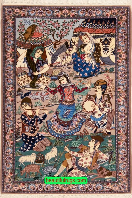 Handmade Pictorial Rug, Persian Isfahan Iliati Design Rug, Kurk Wool Rug, size 3.4x5.2