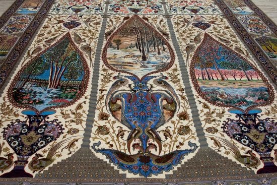 A splendid masterpiece of Isfahan Iran, hand knotted multi color Persian Isfahan wool and silk rug. Size 11.9x16.