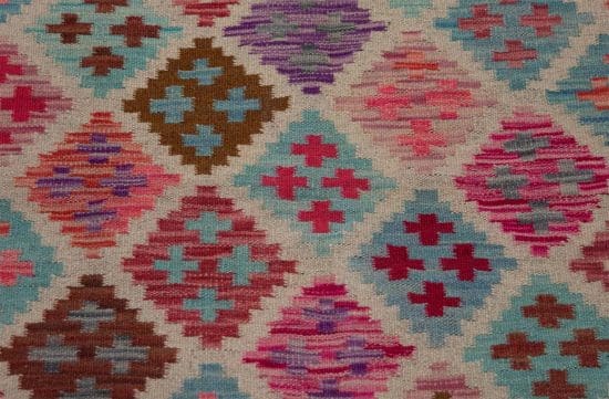 Hand woven flat weave multicolor kilim rug in geometric style. Size 5.2x6.7.