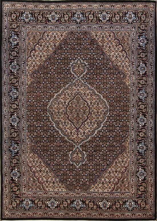 Hand knotted classic style Persian Tabriz carpet in black color made of wool and silk. Rug size 3.6x4.10.