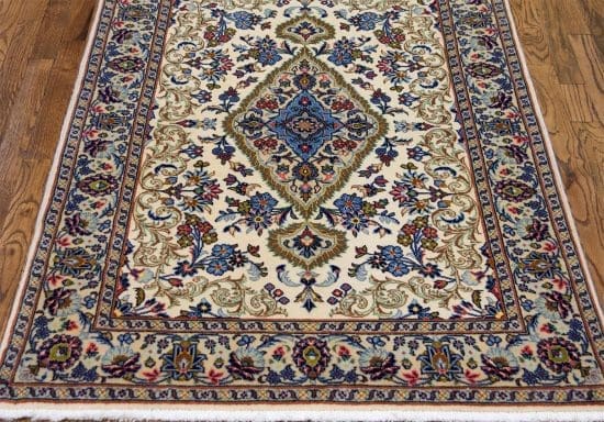 White color handmade Persian Kashan area rug, floral wool area rug. Rug size 3.4x5.1.