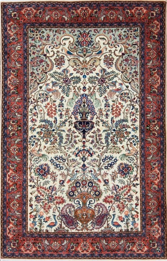 Handmade Persian Sarouk wool rug with tree of life pattern in beige and colors. Size 4.3x6.7.