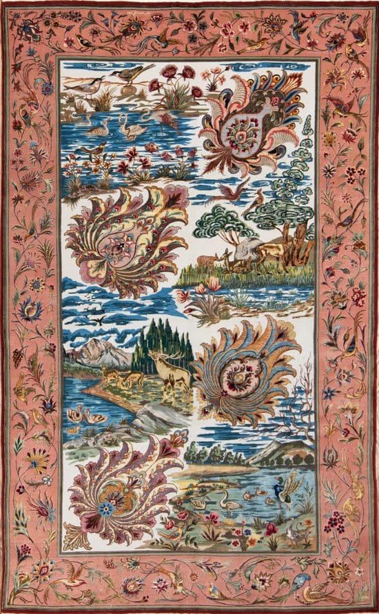 A hand-woven multicolor masterpiece Persian Tabriz rug featuring a nature scene with birds and animals. Size 5x8.5.