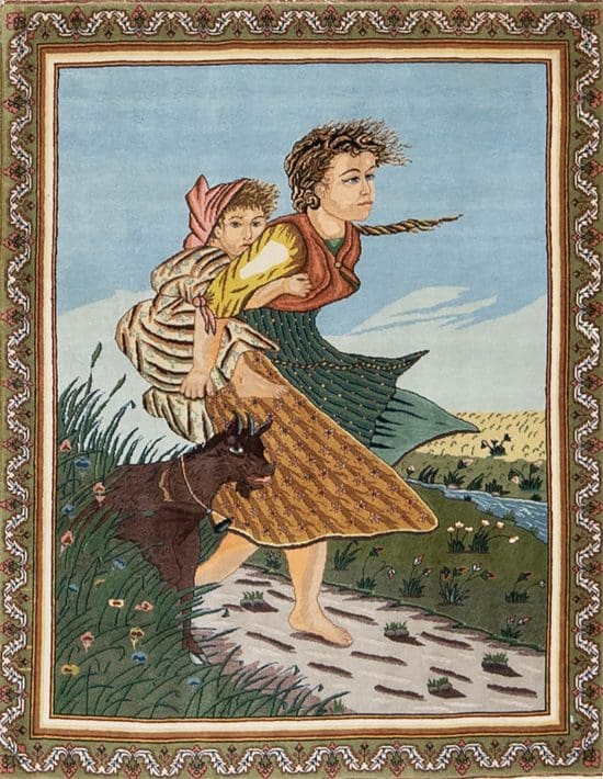 Handmade Persian Tabriz pictorial rug showing a mother is carrying her daughter on her back and a goat is following them. Rug size 2x3.9.