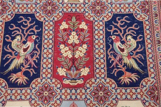 A small handmade Persian Qum area rug, multicolor wool area rug with flowers and birds in different panels. Size 3.4x5.