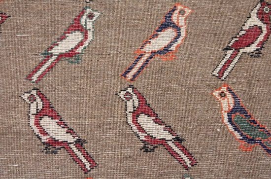 Hand knotted Persian Shiraz wool area rug with sparrows in beige color. Size 4.5x7.