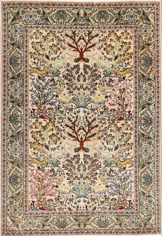 Handmade Persian Tabriz tree of life wool rug with birds and animals in beige color. Size 3.6x5.