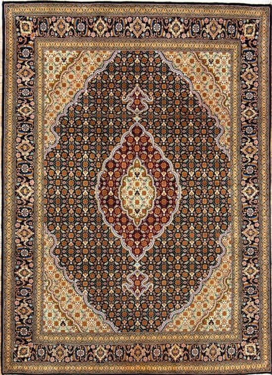 Handmade Persian Tabriz classic style area rug in black and burgundy. Size 5x6.6.