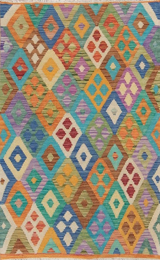 Flat Weave Rug, Handmade Wool Kilim Rug, multicolor geometric style kilim. Size 3.5x4.8.