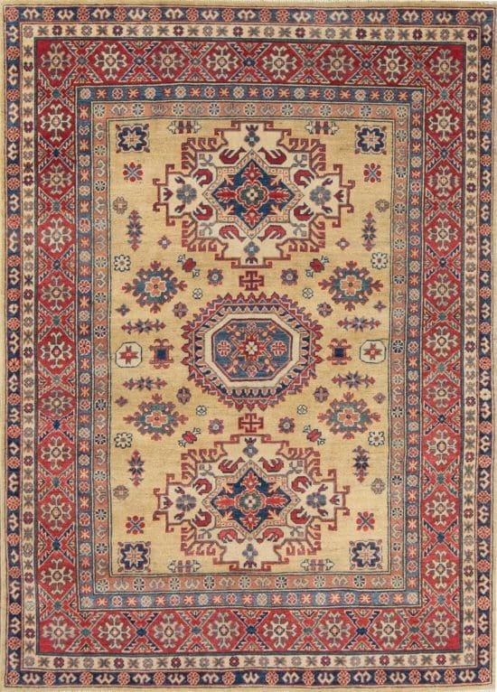Handmade oriental rug Kazak style with Caucasian motifs in chartreuse color. Rug size 4.10x6.10.