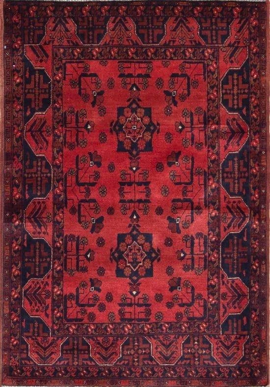 Handmade tribal area rug from Afghanistan with red and black colors. Rug size 3.6x5.1.