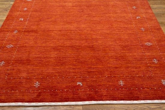 Hand loomed oriental carpet, Gabbeh style wool rug in orange color. Size 6x9.